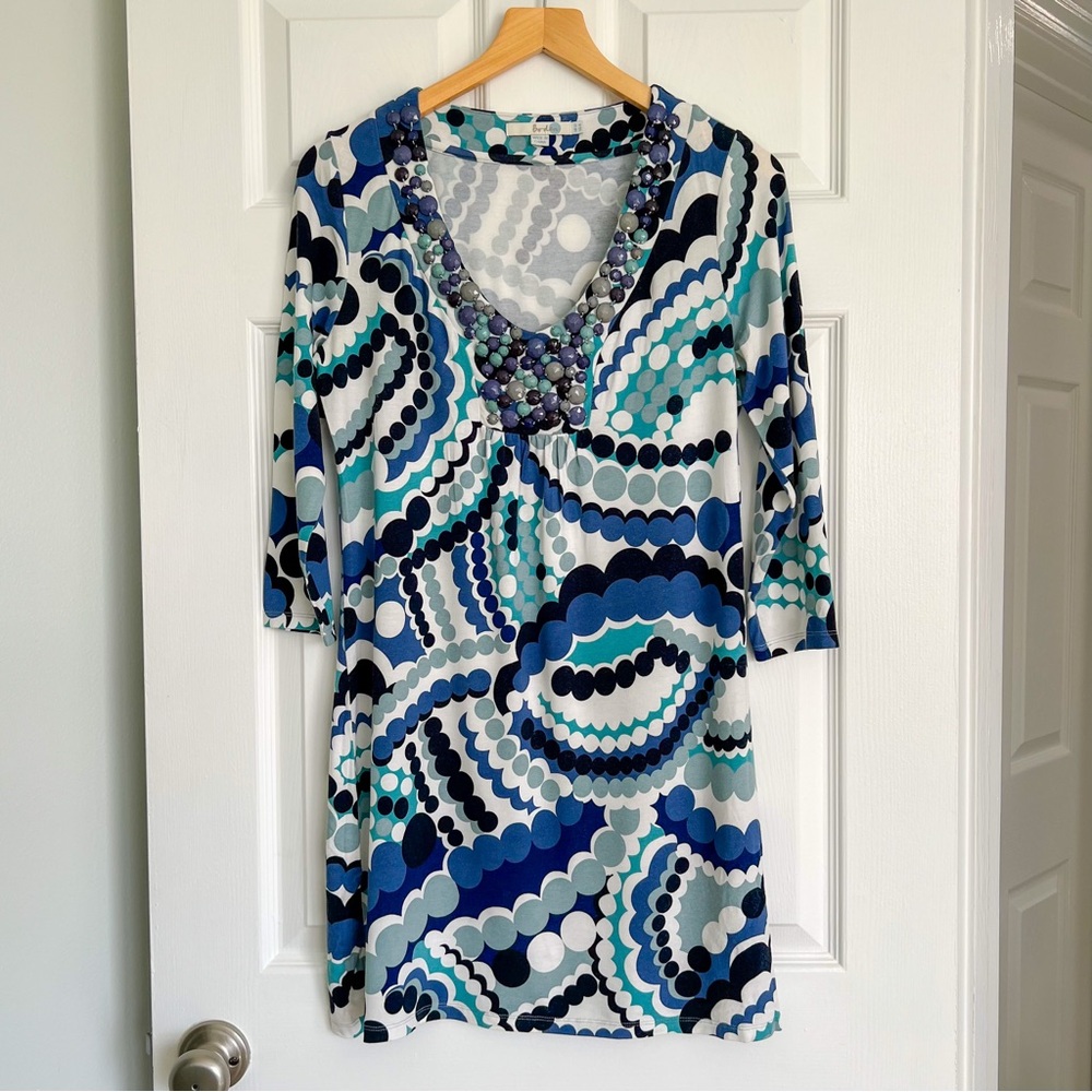 Boden Size US 8 Beaded V-Neck Dress Blue Teal Abstract Print Stretch Jersey - Picture 1 of 11